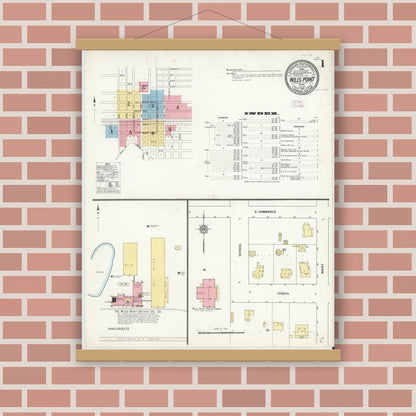 Old map wall art mockup — magnetic wood frame on brick wall — Sanborn Fire Insurance Map from Wills Point, Van Zandt County, Texas (1912), Sheet #0001