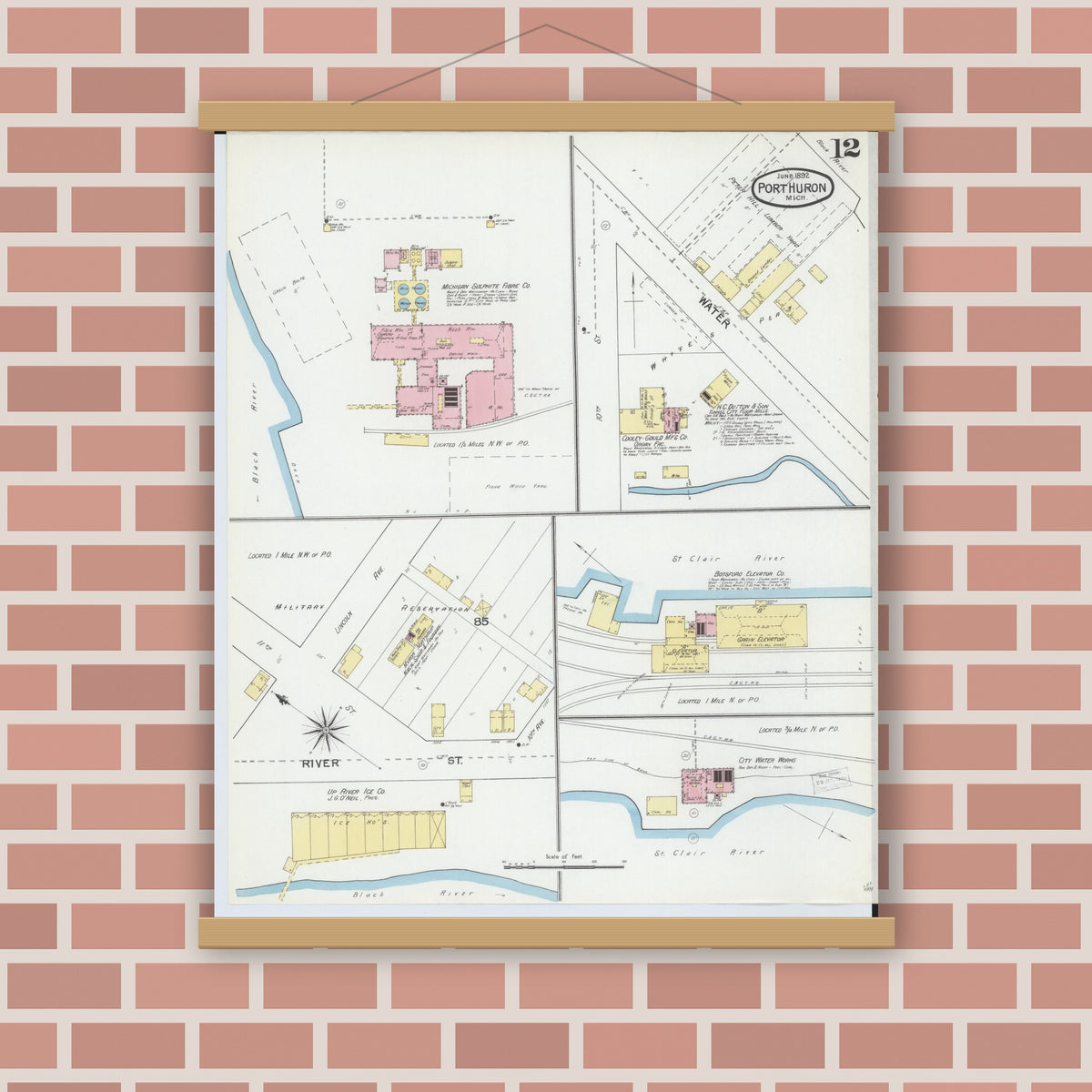 Old map wall art mockup — magnetic wood frame on brick wall — Sanborn Fire Insurance Map from Port Huron, Saint Clair County, Michigan (1892), Sheet #0012