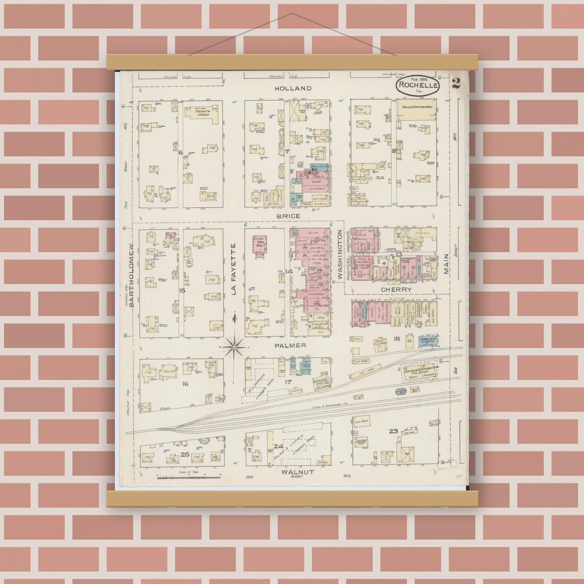 Old map wall art mockup — magnetic wood frame on brick wall — Sanborn Fire Insurance Map from Rochelle, Ogle County, Illinois (1886), Sheet #0002