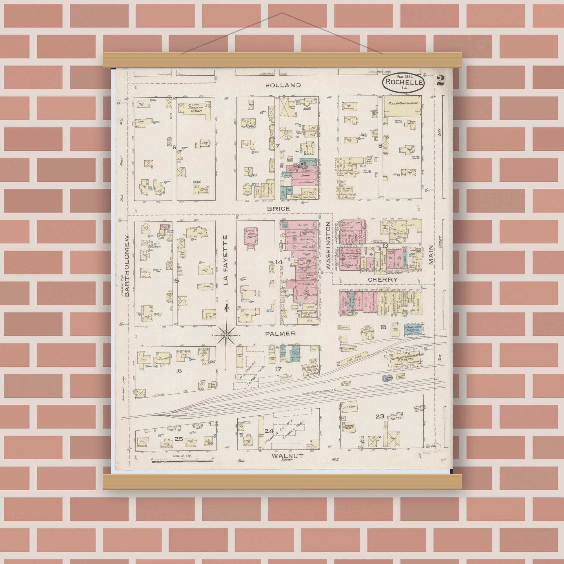 Old map wall art mockup — magnetic wood frame on brick wall — Sanborn Fire Insurance Map from Rochelle, Ogle County, Illinois (1886), Sheet #0002