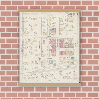 Old map wall art mockup — magnetic wood frame on brick wall — Sanborn Fire Insurance Map from Rochelle, Ogle County, Illinois (1886), Sheet #0002
