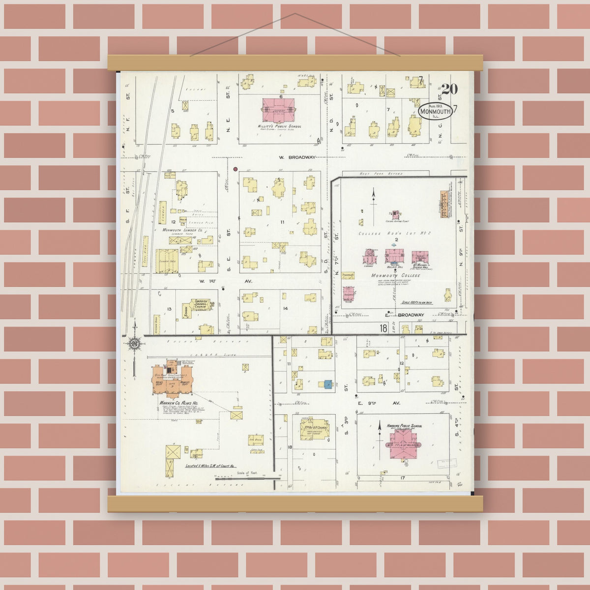 Old map wall art mockup — magnetic wood frame on brick wall — Sanborn Fire Insurance Map from Monmouth, Warren County, Illinois (1913), Sheet #0020