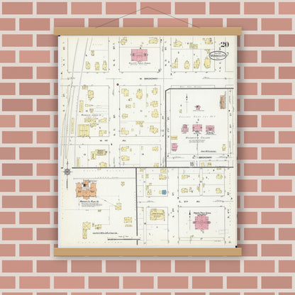 Old map wall art mockup — magnetic wood frame on brick wall — Sanborn Fire Insurance Map from Monmouth, Warren County, Illinois (1913), Sheet #0020