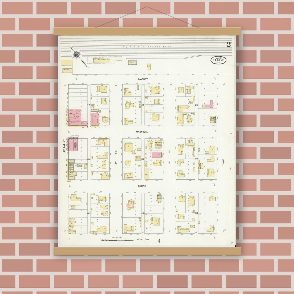 Old map wall art mockup — magnetic wood frame on brick wall — Sanborn Fire Insurance Map from Hearne, Robertson County, Texas (1911), Sheet #0002