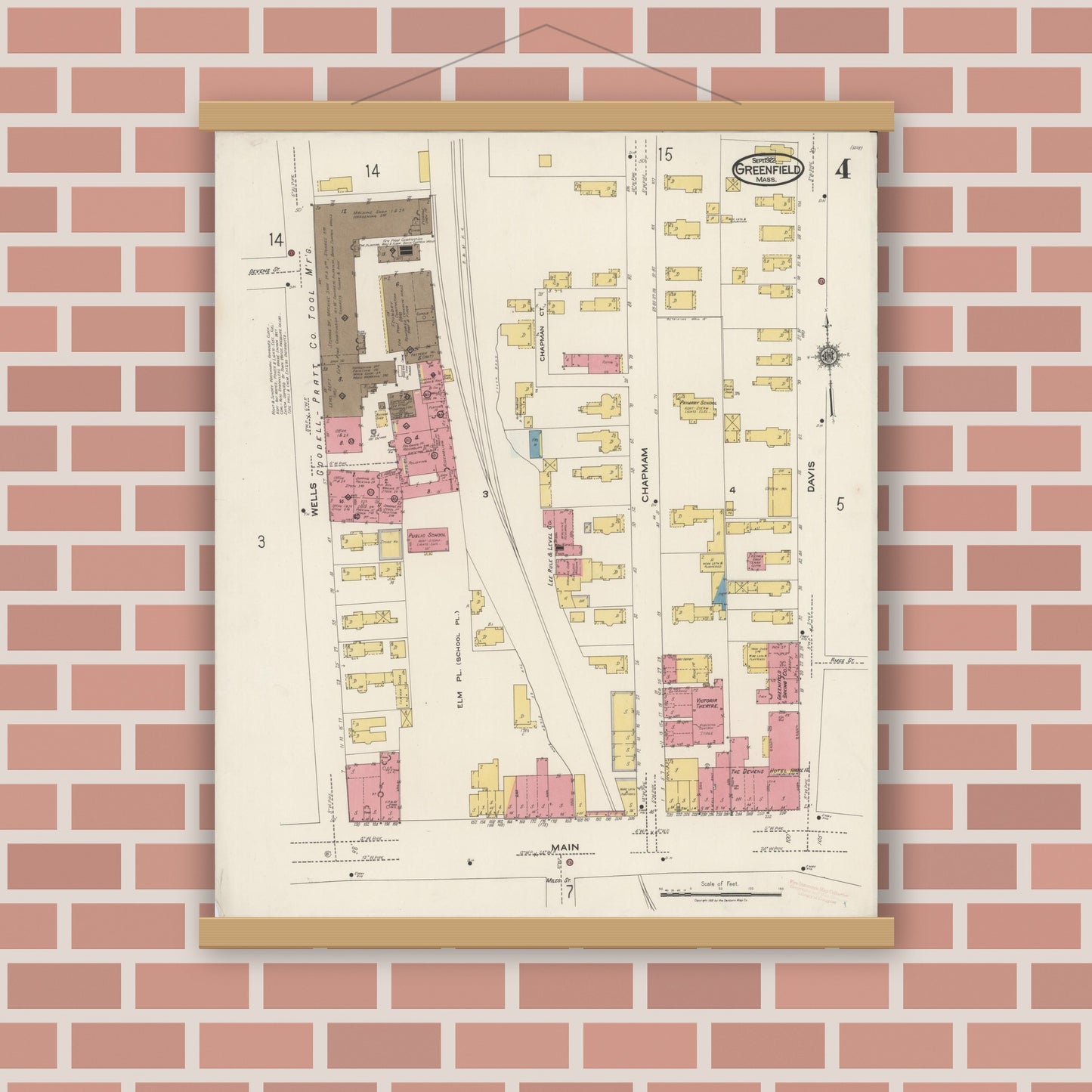 Old map wall art mockup — magnetic wood frame on brick wall — Sanborn Fire Insurance Map from Greenfield, Franklin County, Massachusetts (1922), Sheet #0004
