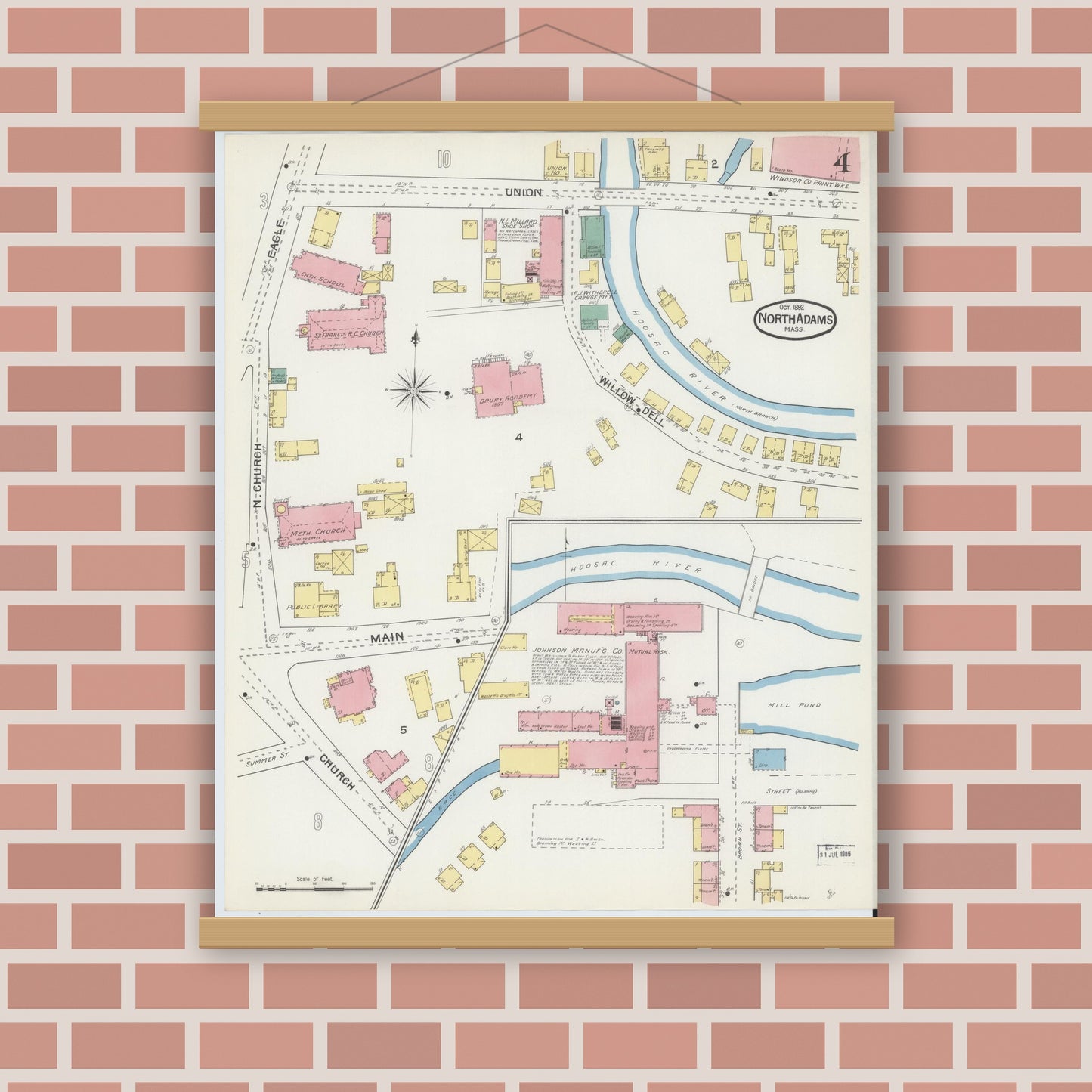 Old map wall art mockup — magnetic wood frame on brick wall — Sanborn Fire Insurance Map from North Adams, Berkshire County, Massachusetts (1892), Sheet #0004
