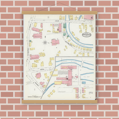 Old map wall art mockup — magnetic wood frame on brick wall — Sanborn Fire Insurance Map from North Adams, Berkshire County, Massachusetts (1892), Sheet #0004