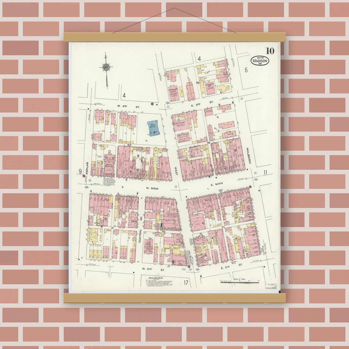 Old map wall art mockup — magnetic wood frame on brick wall — Sanborn Fire Insurance Map from Madison, Jefferson County, Indiana (1911), Sheet #0010