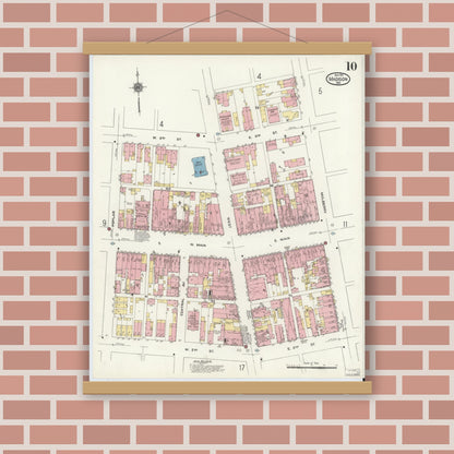 Old map wall art mockup — magnetic wood frame on brick wall — Sanborn Fire Insurance Map from Madison, Jefferson County, Indiana (1911), Sheet #0010