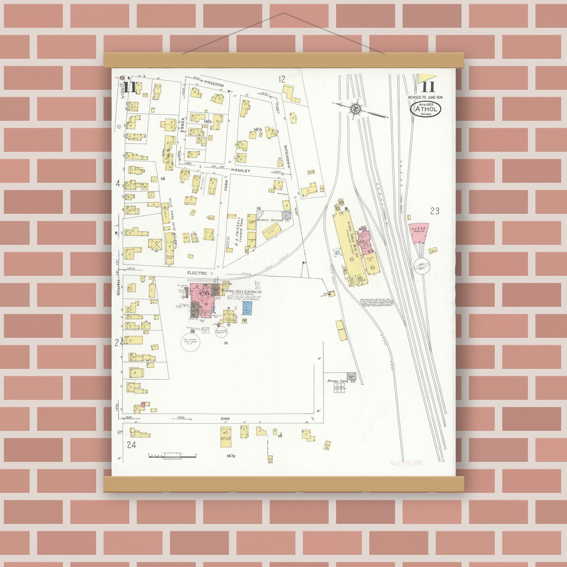 Old map wall art mockup — magnetic wood frame on brick wall — Sanborn Fire Insurance Map from Athol, Worcester County, Massachusetts (1936), Sheet #0011