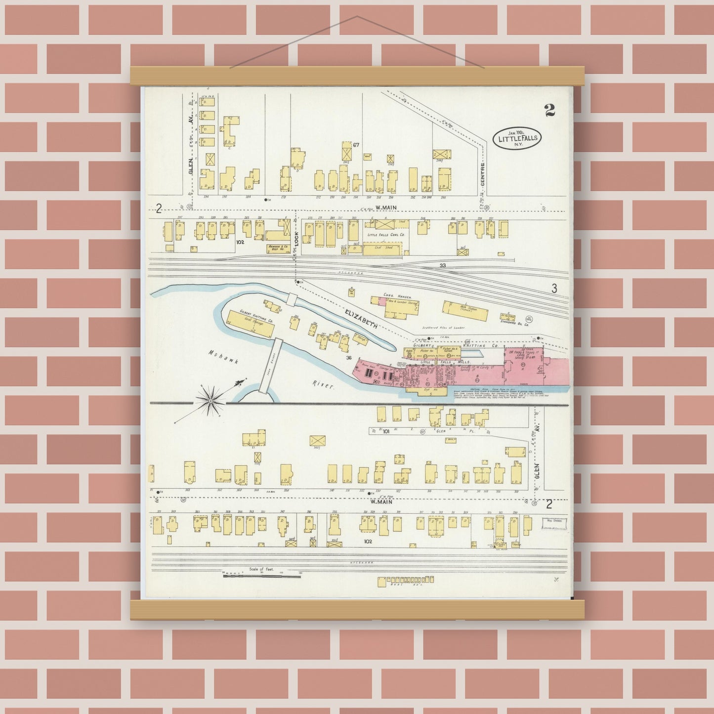 Old map wall art mockup — magnetic wood frame on brick wall — Sanborn Fire Insurance Map from Little Falls, Herkimer County, New York (1906), Sheet #0002