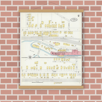 Old map wall art mockup — magnetic wood frame on brick wall — Sanborn Fire Insurance Map from Little Falls, Herkimer County, New York (1906), Sheet #0002