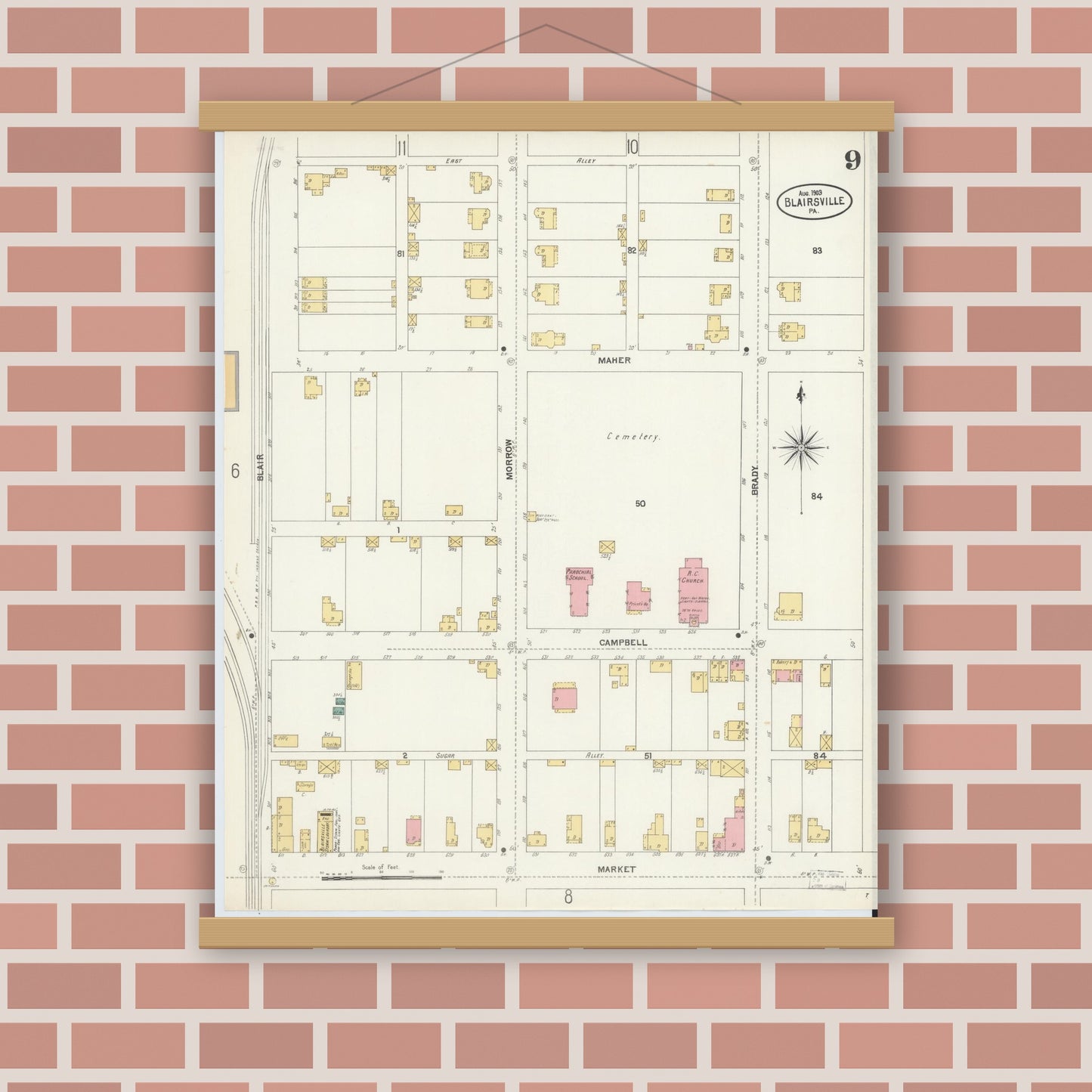 Old map wall art mockup — magnetic wood frame on brick wall — Sanborn Fire Insurance Map from Blairsville, Indiana County, Pennsylvania (1903), Sheet #0009
