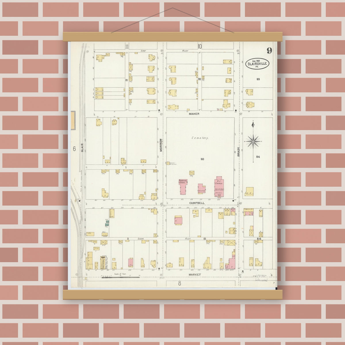 Old map wall art mockup — magnetic wood frame on brick wall — Sanborn Fire Insurance Map from Blairsville, Indiana County, Pennsylvania (1903), Sheet #0009