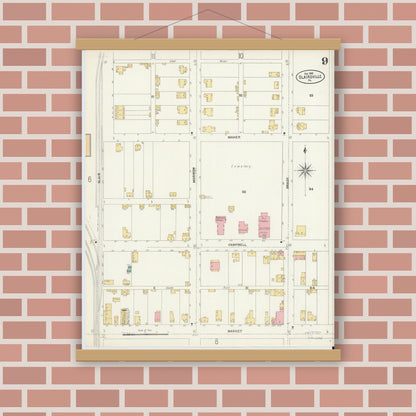 Old map wall art mockup — magnetic wood frame on brick wall — Sanborn Fire Insurance Map from Blairsville, Indiana County, Pennsylvania (1903), Sheet #0009