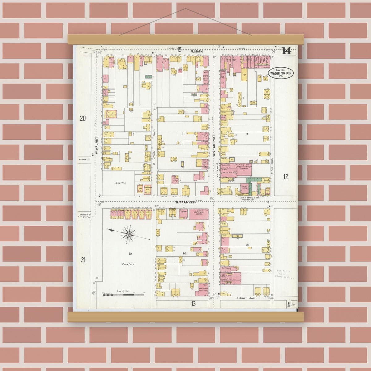 Old map wall art mockup — magnetic wood frame on brick wall — Sanborn Fire Insurance Map from Washington, Washington County, Pennsylvania (1904), Sheet #0014
