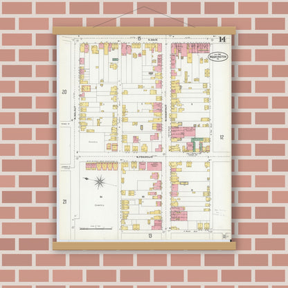 Old map wall art mockup — magnetic wood frame on brick wall — Sanborn Fire Insurance Map from Washington, Washington County, Pennsylvania (1904), Sheet #0014