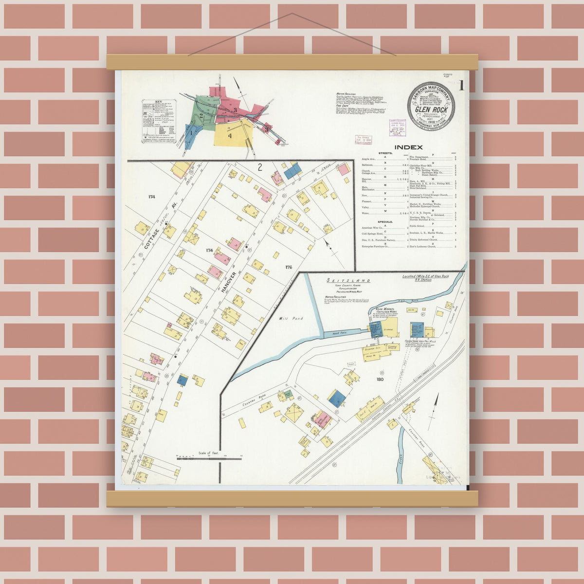 Old map wall art mockup — magnetic wood frame on brick wall — Sanborn Fire Insurance Map from Glen Rock, York County, Pennsylvania (1908), Sheet #0001