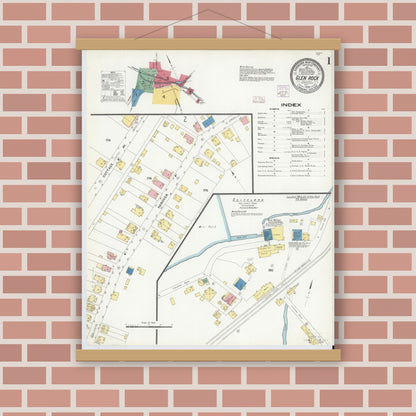Old map wall art mockup — magnetic wood frame on brick wall — Sanborn Fire Insurance Map from Glen Rock, York County, Pennsylvania (1908), Sheet #0001