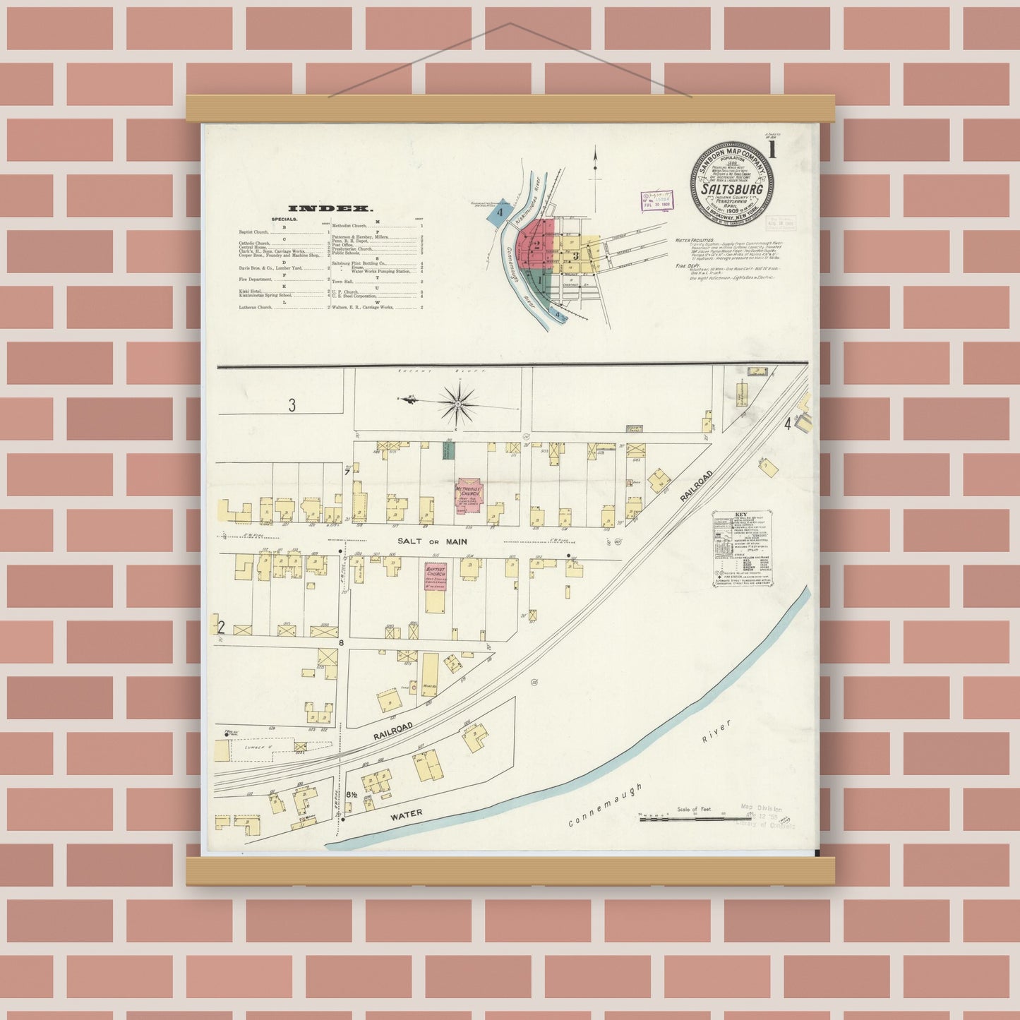 Old map wall art mockup — magnetic wood frame on brick wall — Sanborn Fire Insurance Map from Saltsburg, Indiana County, Pennsylvania (1909) - Complete Map Set