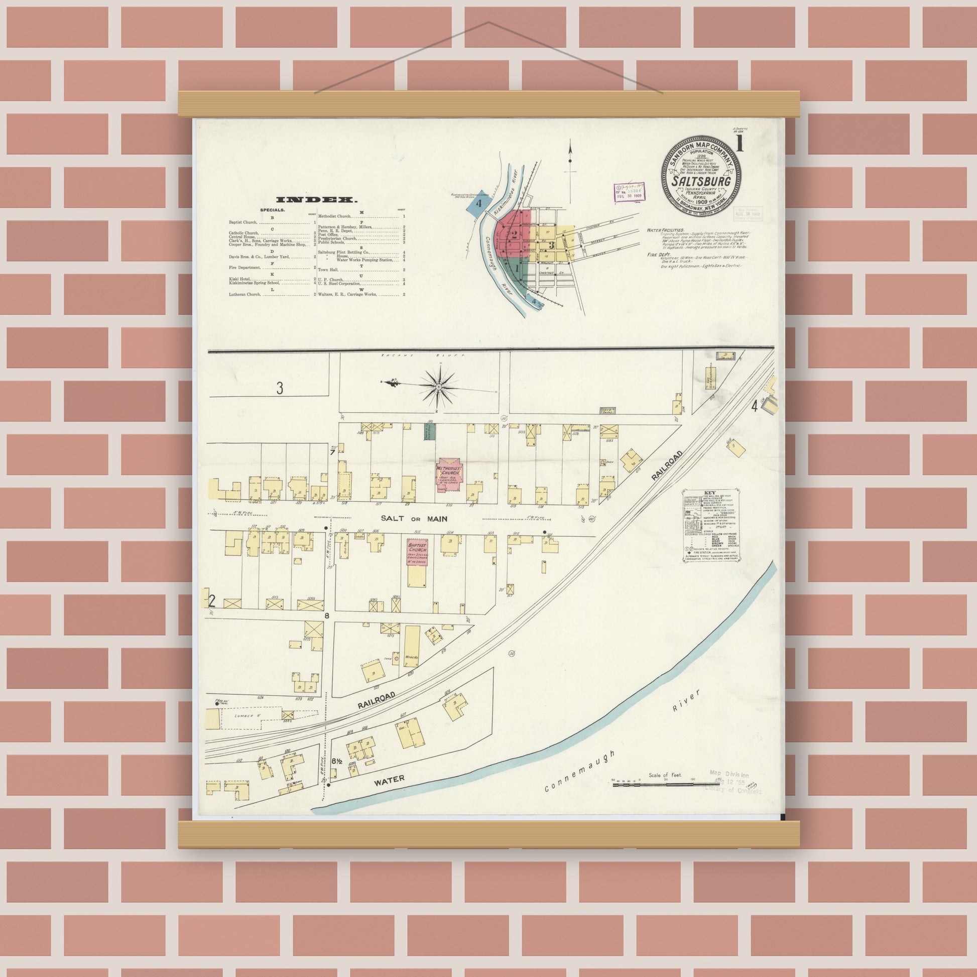 Old map wall art mockup — magnetic wood frame on brick wall — Sanborn Fire Insurance Map from Saltsburg, Indiana County, Pennsylvania (1909) - Complete Map Set