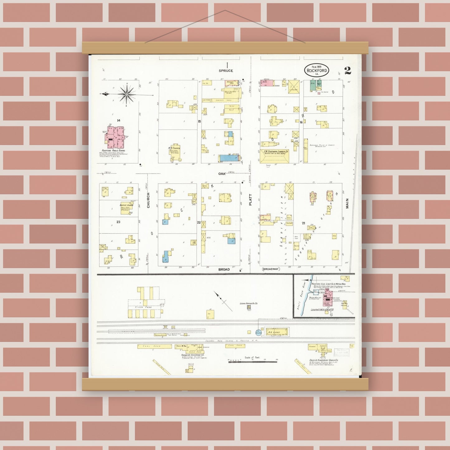 Old map wall art mockup — magnetic wood frame on brick wall — Sanborn Fire Insurance Map from Rockford, Floyd County, Iowa (1909), Sheet #0002