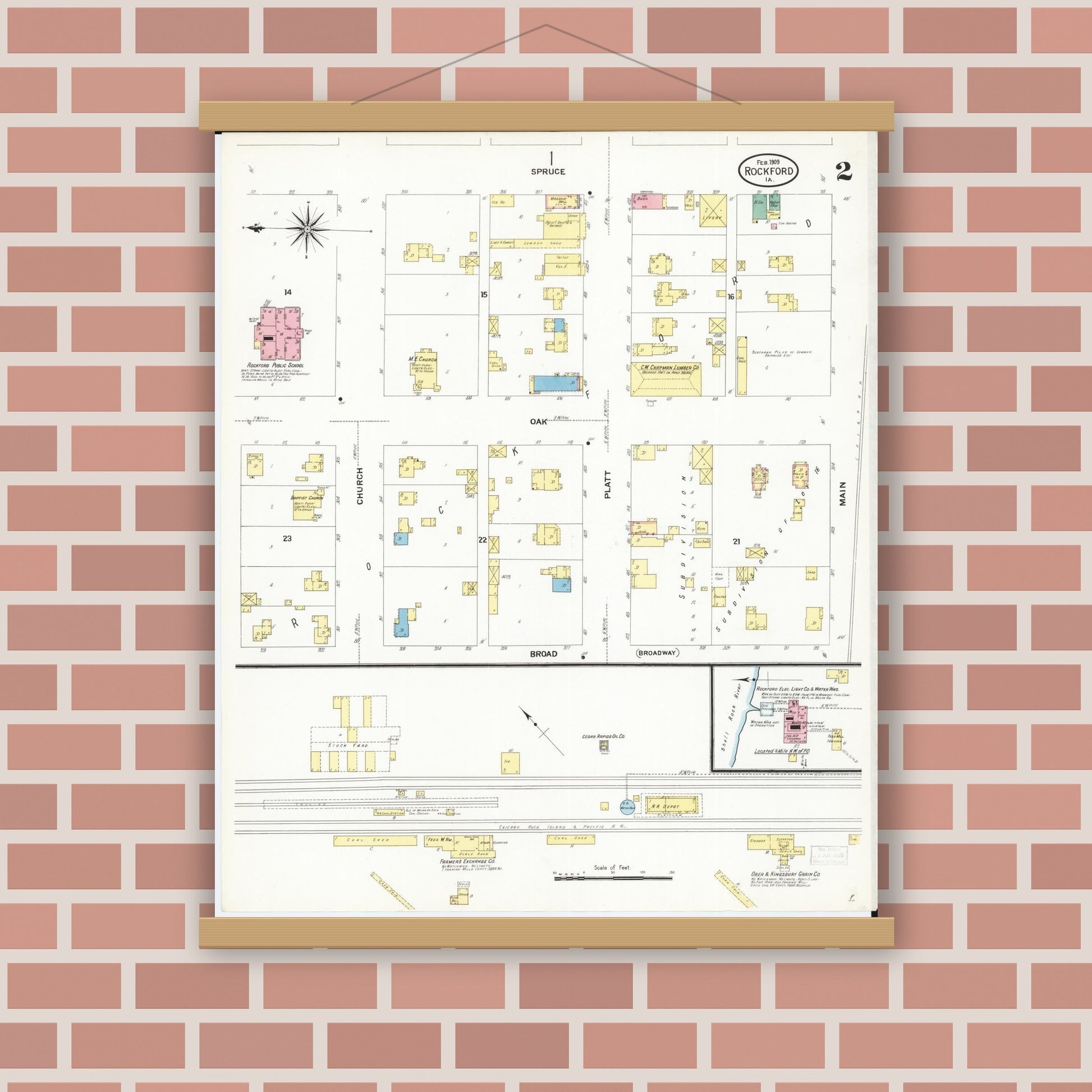 Old map wall art mockup — magnetic wood frame on brick wall — Sanborn Fire Insurance Map from Rockford, Floyd County, Iowa (1909), Sheet #0002