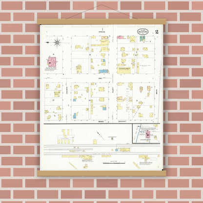 Old map wall art mockup — magnetic wood frame on brick wall — Sanborn Fire Insurance Map from Rockford, Floyd County, Iowa (1909), Sheet #0002