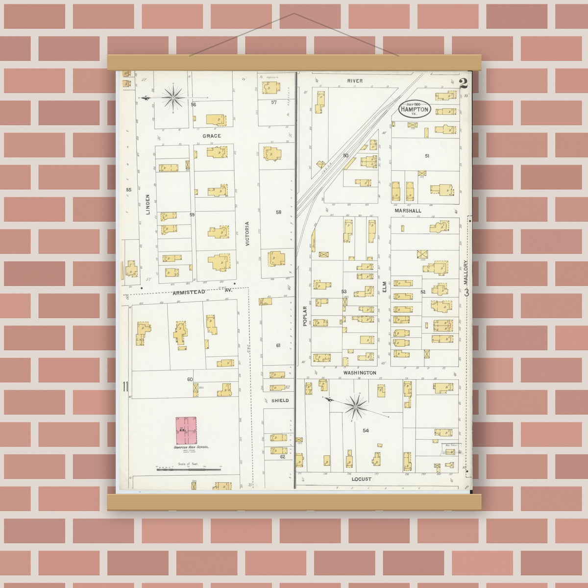 Old map wall art mockup — magnetic wood frame on brick wall — Sanborn Fire Insurance Map from Hampton, Independent Cities, Virginia (1900), Sheet #0002