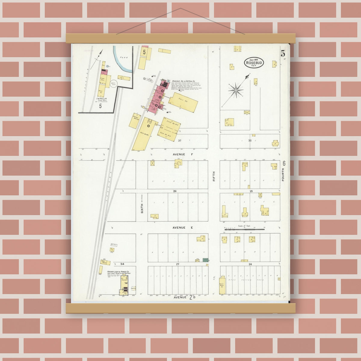 Old map wall art mockup — magnetic wood frame on brick wall — Sanborn Fire Insurance Map from Rosebud, Falls County, Texas (1909), Sheet #0005