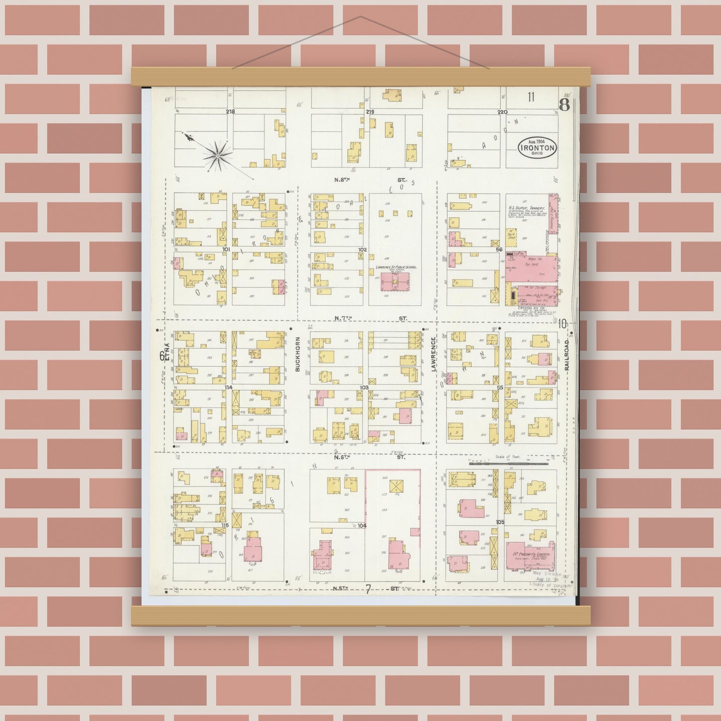 Old map wall art mockup — magnetic wood frame on brick wall — Sanborn Fire Insurance Map from Ironton, Lawrence County, Ohio (1904), Sheet #0008