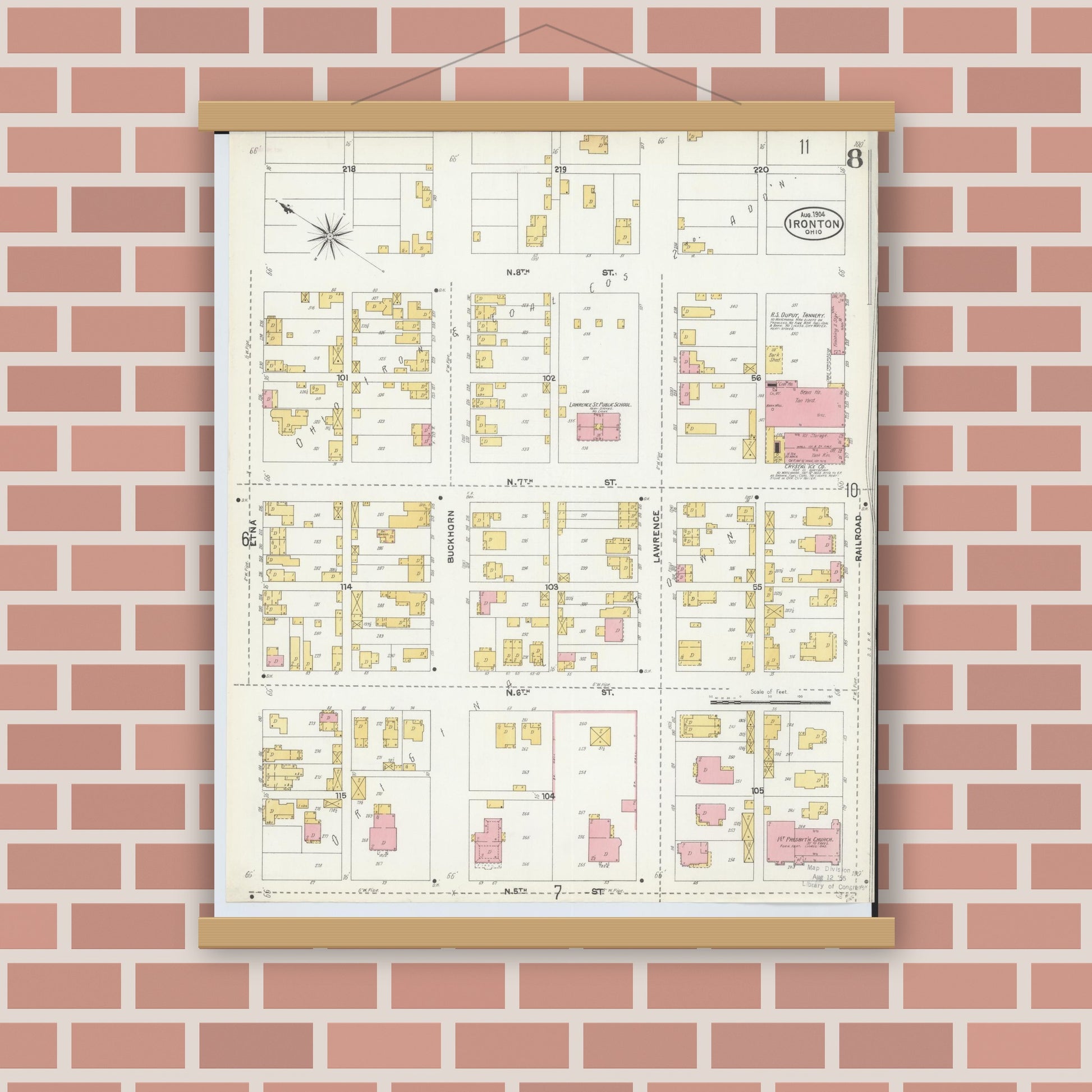 Old map wall art mockup — magnetic wood frame on brick wall — Sanborn Fire Insurance Map from Ironton, Lawrence County, Ohio (1904), Sheet #0008