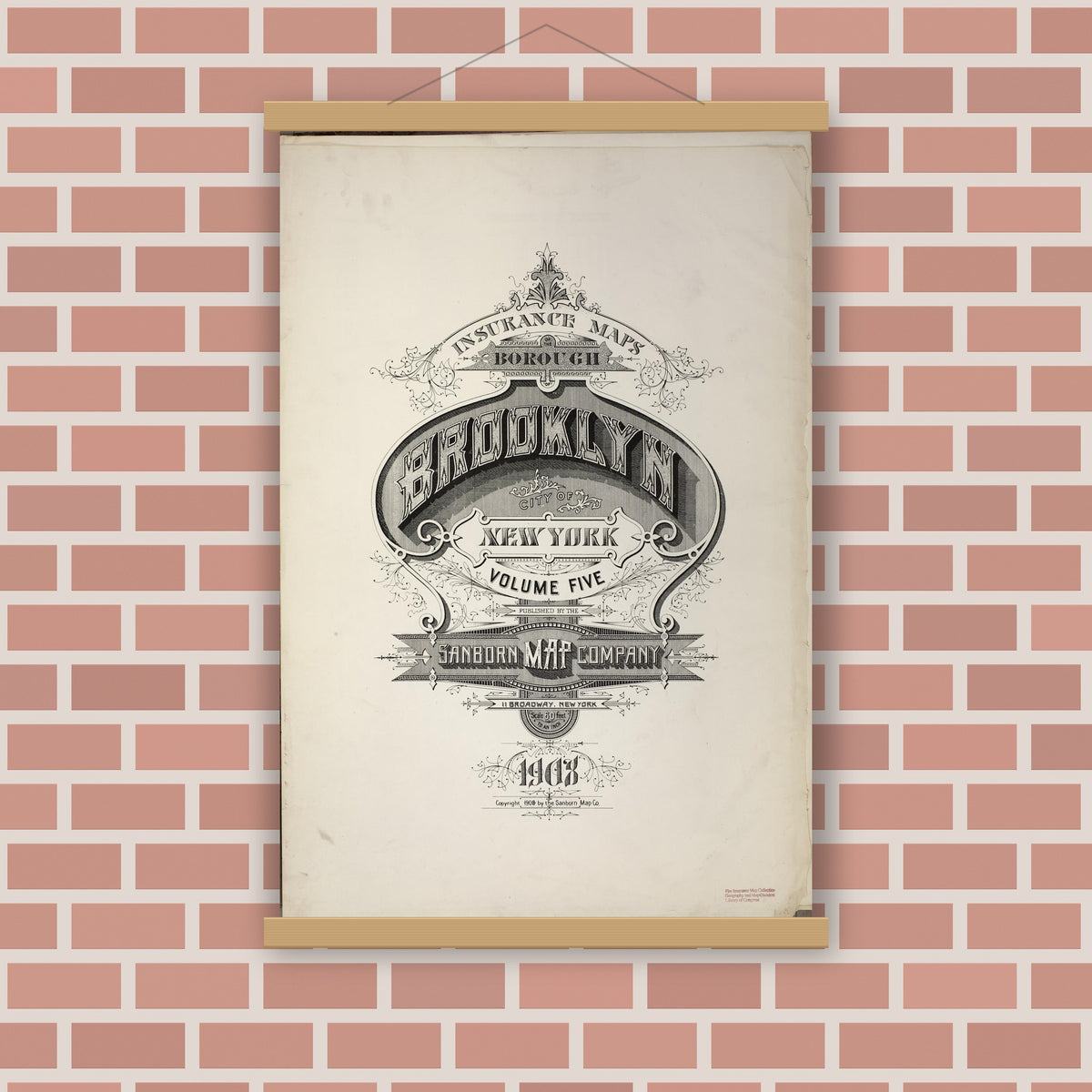 Old map wall art mockup — magnetic wood frame on brick wall — Sanborn Fire Insurance Map from Brooklyn, Kings County, New York (1908), Sheet #0001