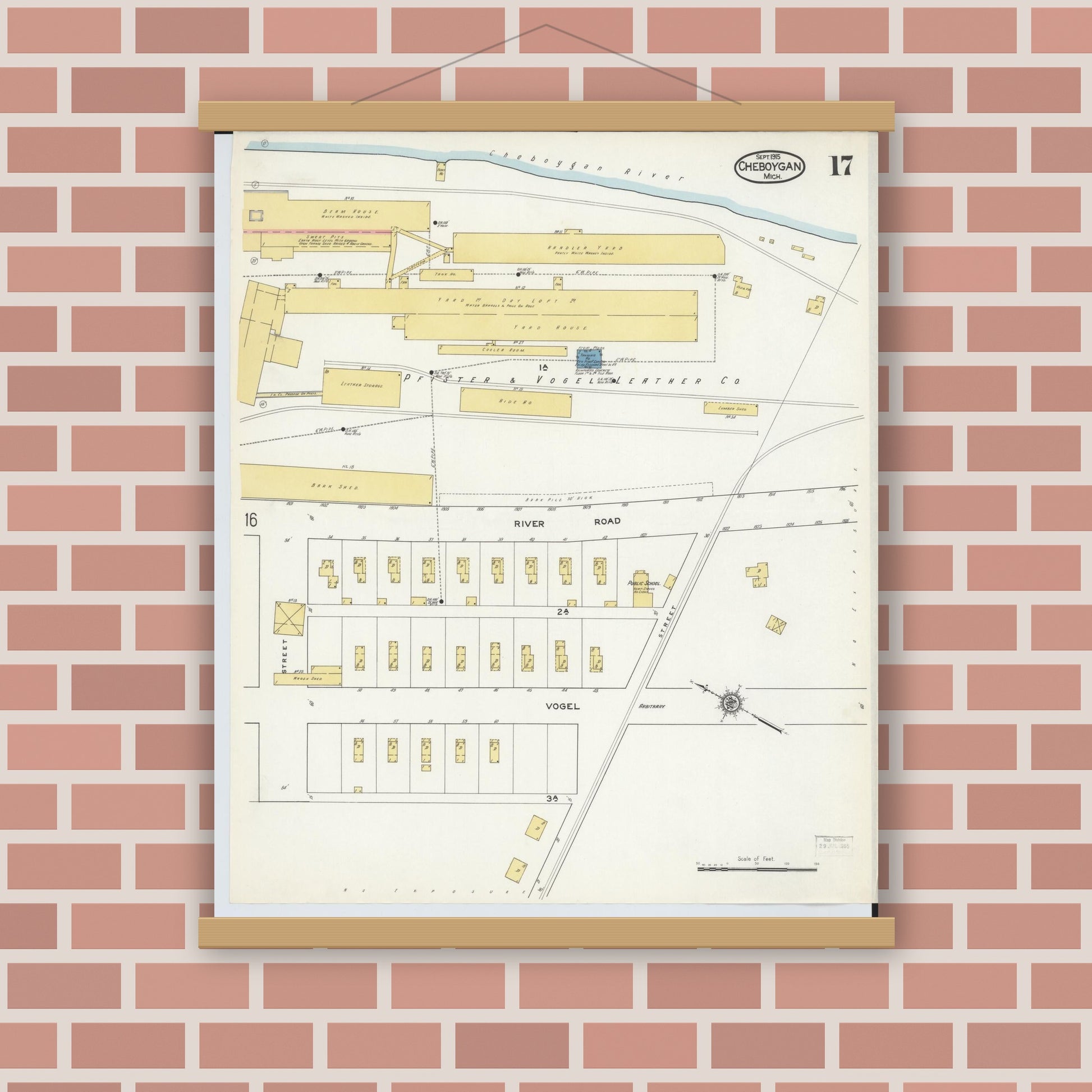 Old map wall art mockup — magnetic wood frame on brick wall — Sanborn Fire Insurance Map from Cheboygan, Cheboygan County, Michigan (1915), Sheet #0017