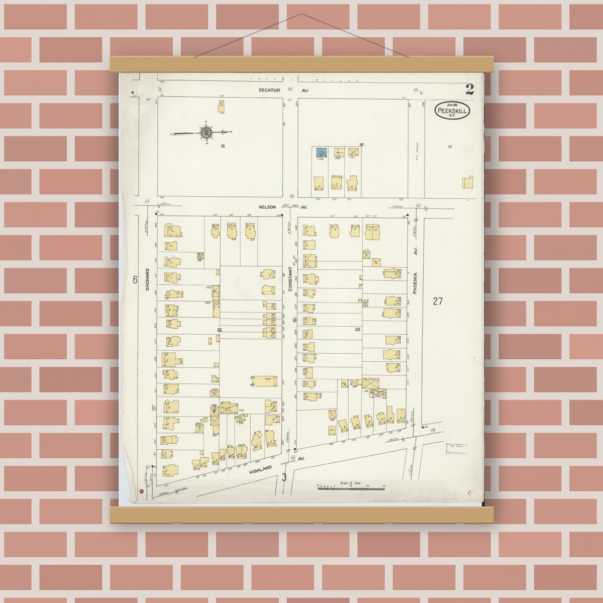 Old map wall art mockup — magnetic wood frame on brick wall — Sanborn Fire Insurance Map from Peekskill, Westchester County, New York (1911) - Complete Map Set