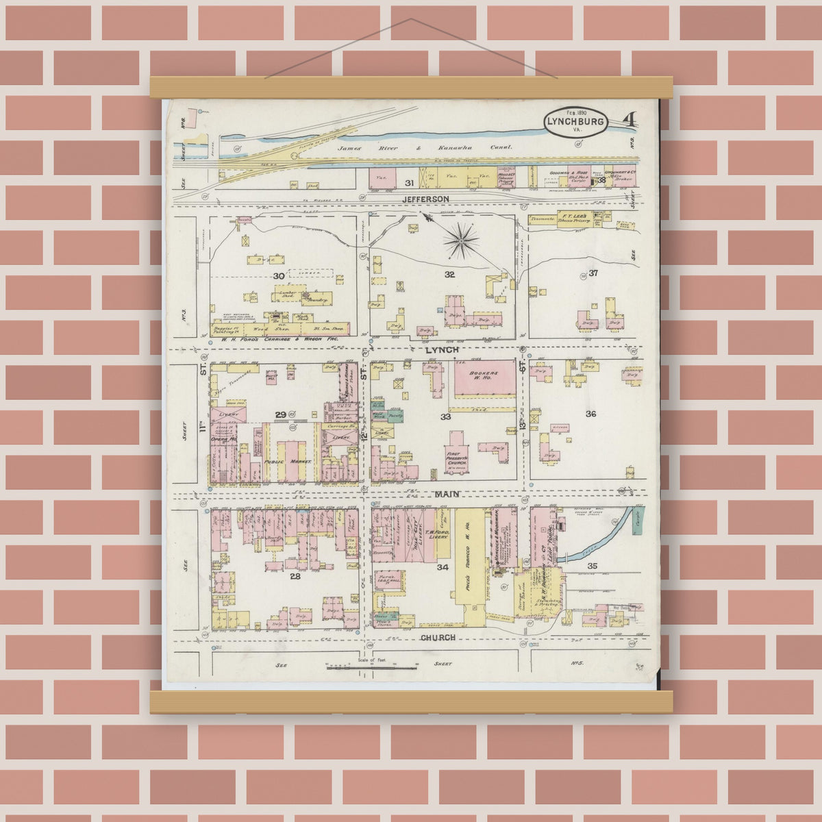 Old map wall art mockup — magnetic wood frame on brick wall — Sanborn Fire Insurance Map from Lynchburg, Independent Cities, Virginia (1890), Sheet #0004