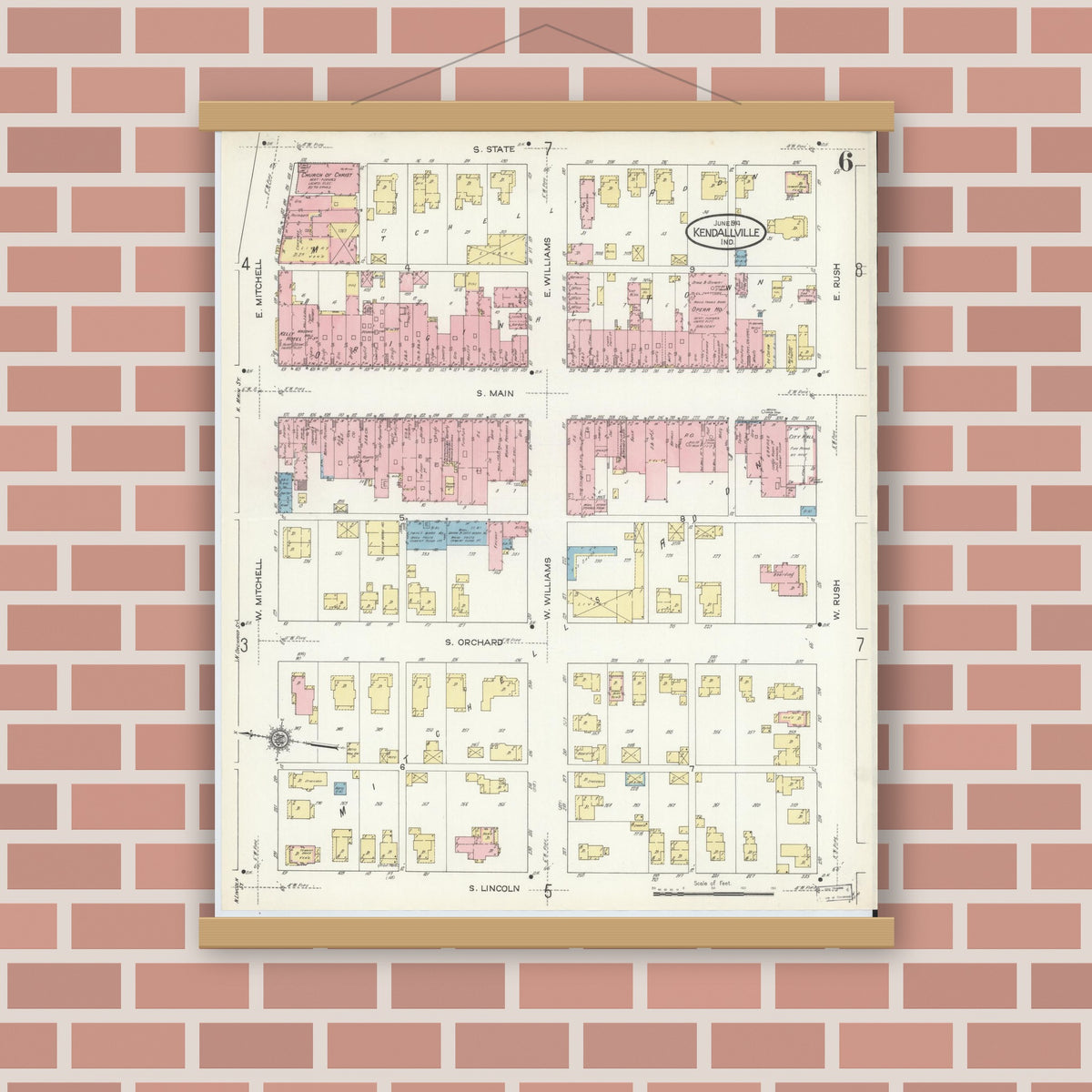 Old map wall art mockup — magnetic wood frame on brick wall — Sanborn Fire Insurance Map from Kendallville, Noble County, Indiana (1914), Sheet #0006