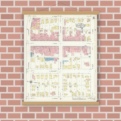 Old map wall art mockup — magnetic wood frame on brick wall — Sanborn Fire Insurance Map from Kendallville, Noble County, Indiana (1914), Sheet #0006