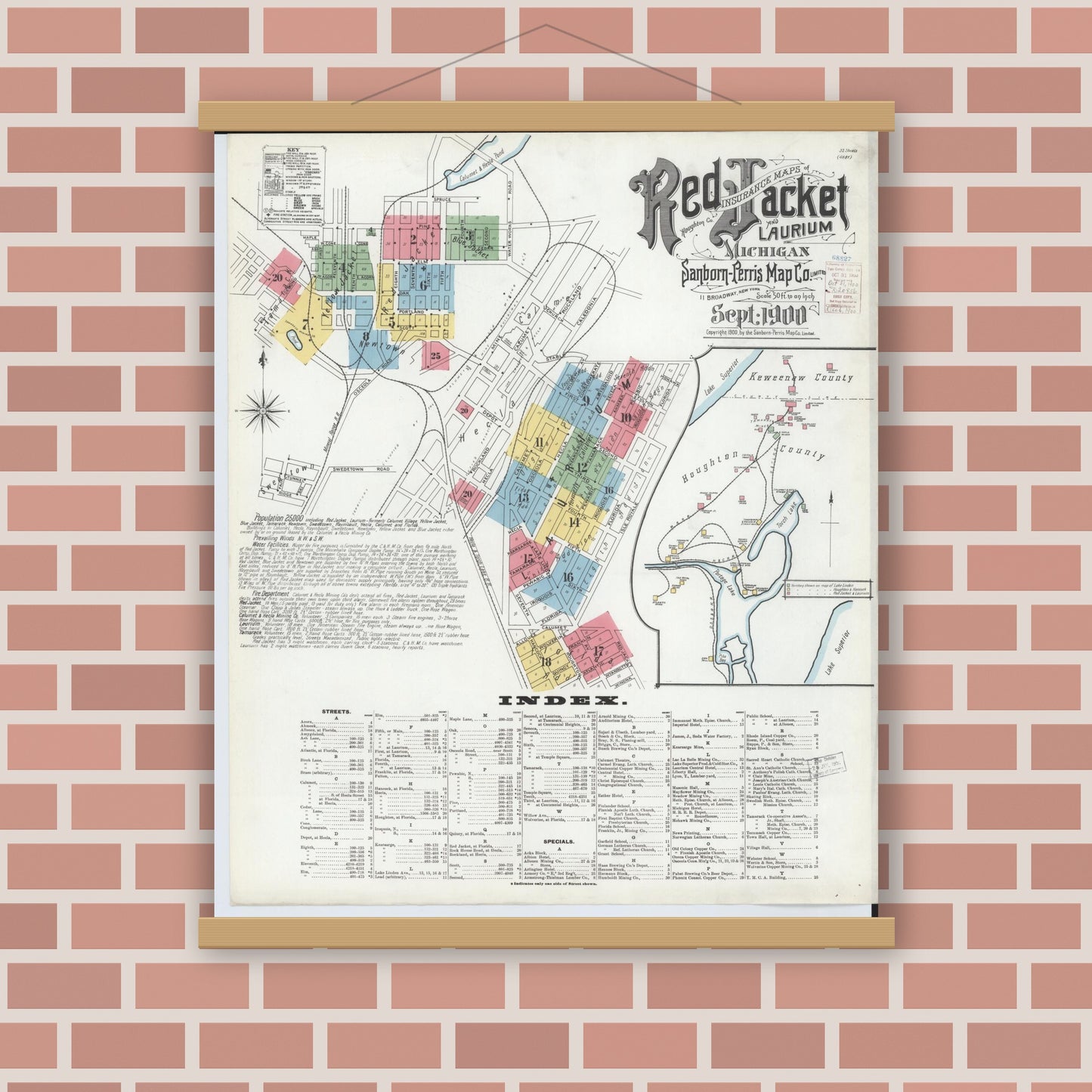 Old map wall art mockup — magnetic wood frame on brick wall — Sanborn Fire Insurance Map from Red Jacket, Houghton County, Michigan (1900) - Complete Map Set