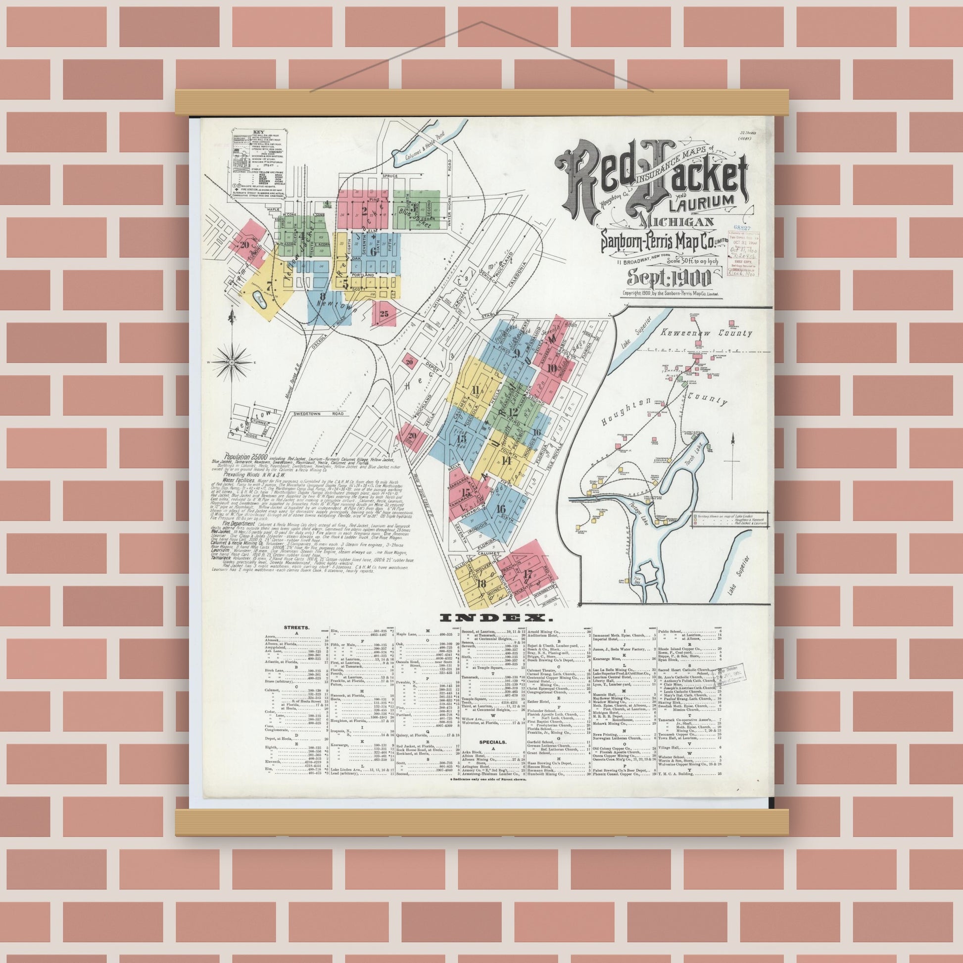 Old map wall art mockup — magnetic wood frame on brick wall — Sanborn Fire Insurance Map from Red Jacket, Houghton County, Michigan (1900) - Complete Map Set