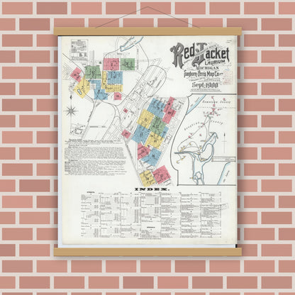 Old map wall art mockup — magnetic wood frame on brick wall — Sanborn Fire Insurance Map from Red Jacket, Houghton County, Michigan (1900) - Complete Map Set