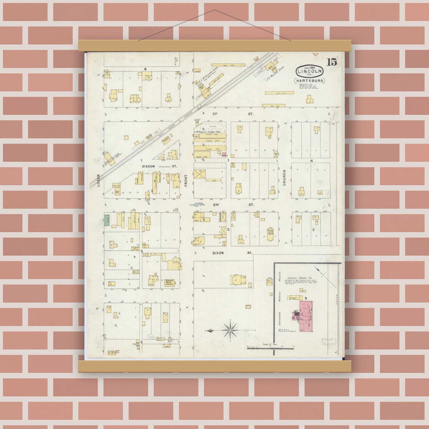 Old map wall art mockup — magnetic wood frame on brick wall — Sanborn Fire Insurance Map from Lincoln, Logan County, Illinois (1896), Sheet #0015