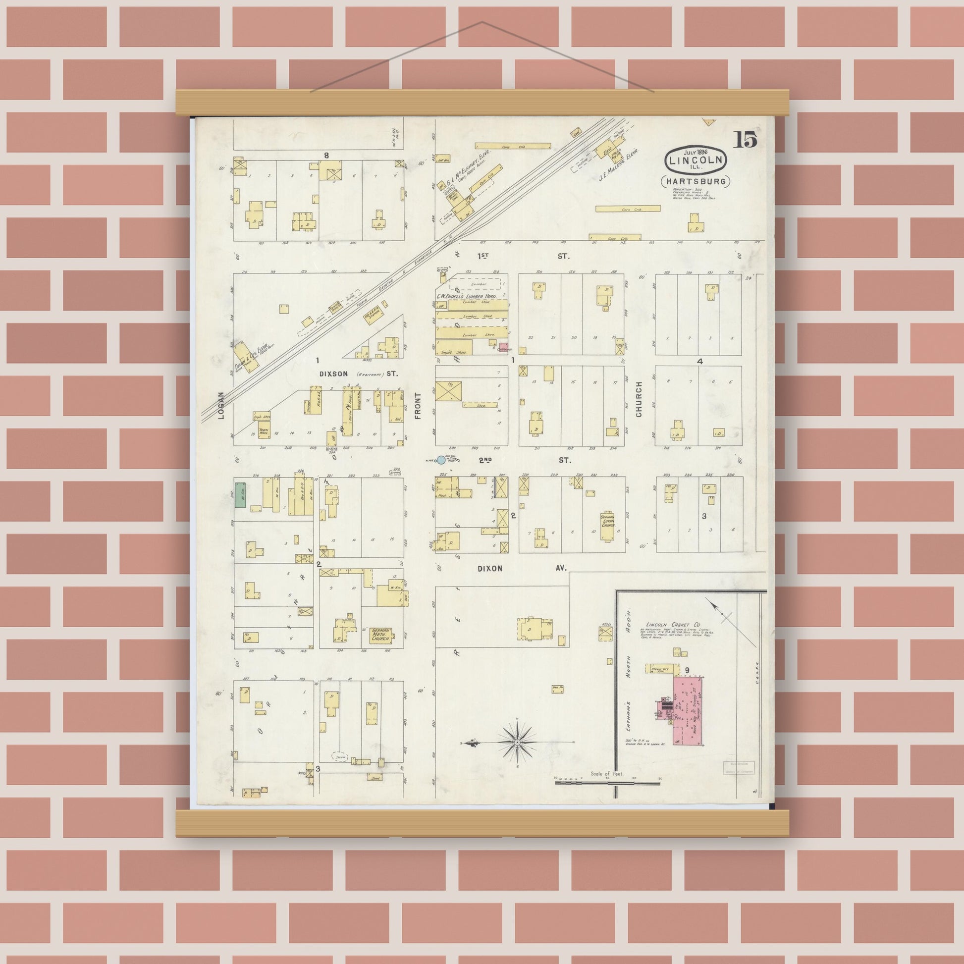 Old map wall art mockup — magnetic wood frame on brick wall — Sanborn Fire Insurance Map from Lincoln, Logan County, Illinois (1896), Sheet #0015