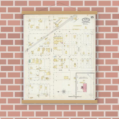Old map wall art mockup — magnetic wood frame on brick wall — Sanborn Fire Insurance Map from Lincoln, Logan County, Illinois (1896), Sheet #0015