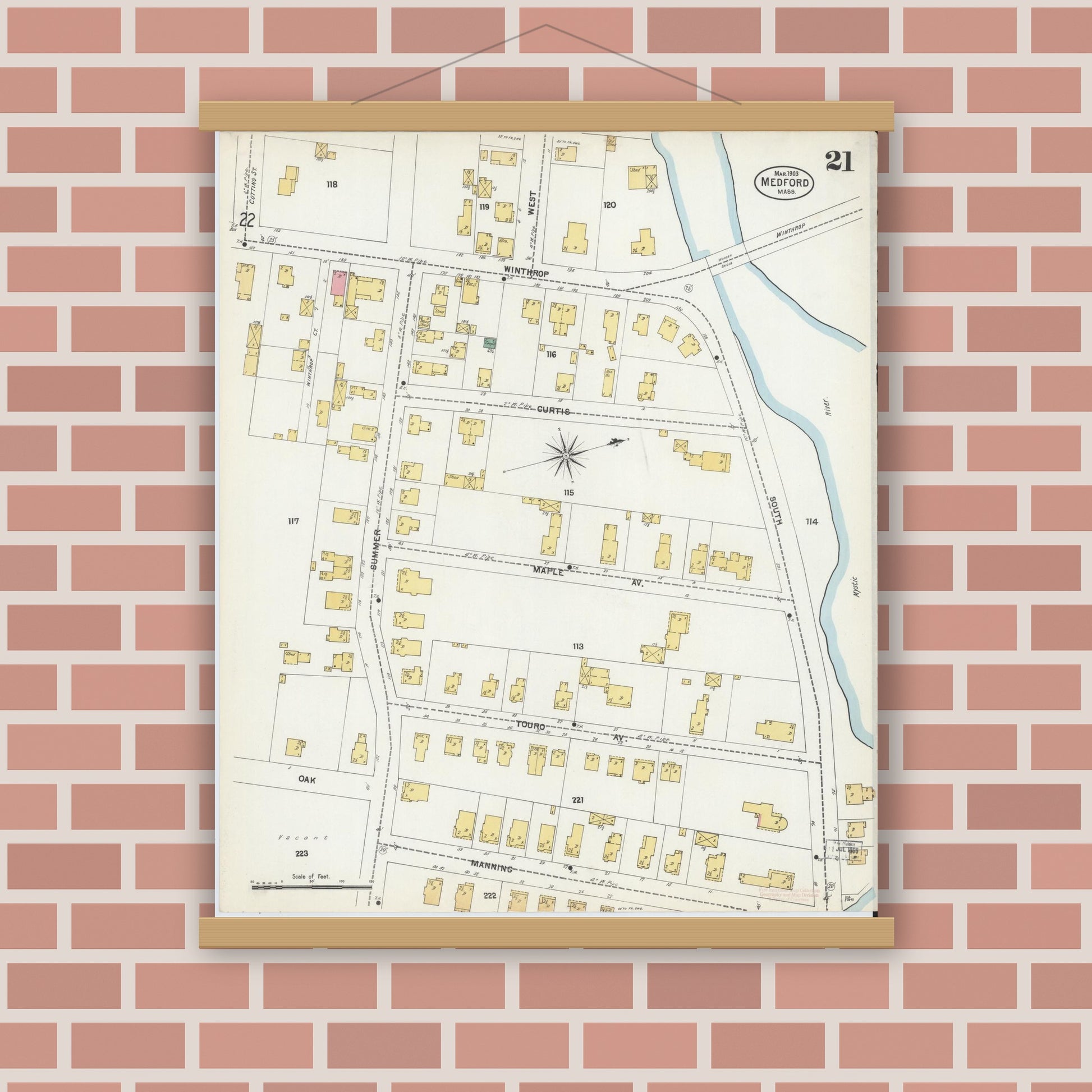 Old map wall art mockup — magnetic wood frame on brick wall — Sanborn Fire Insurance Map from Medford, Middlesex County, Massachusetts (1903), Sheet #0021