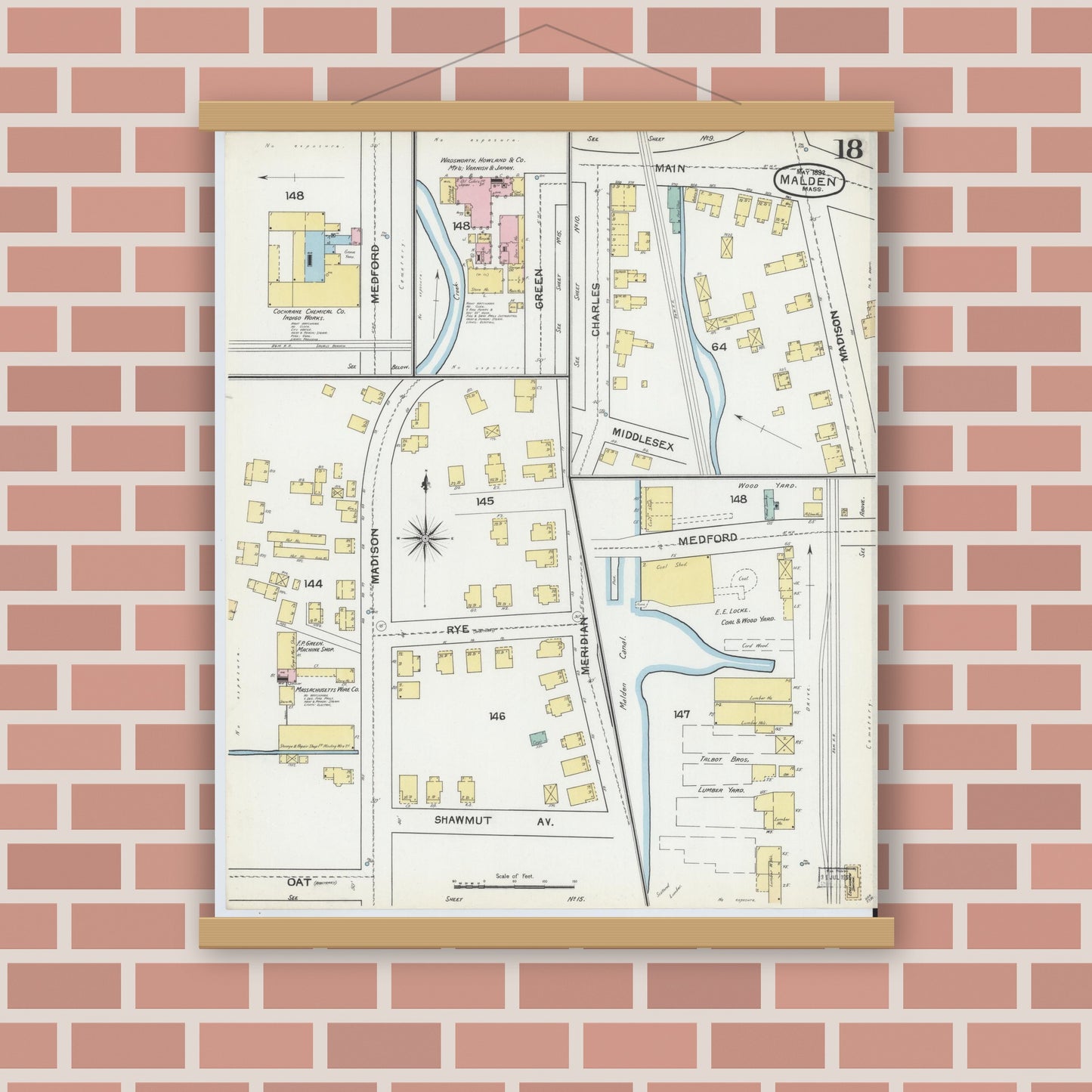 Old map wall art mockup — magnetic wood frame on brick wall — Sanborn Fire Insurance Map from Malden, Middlesex County, Massachusetts (1892), Sheet #0018