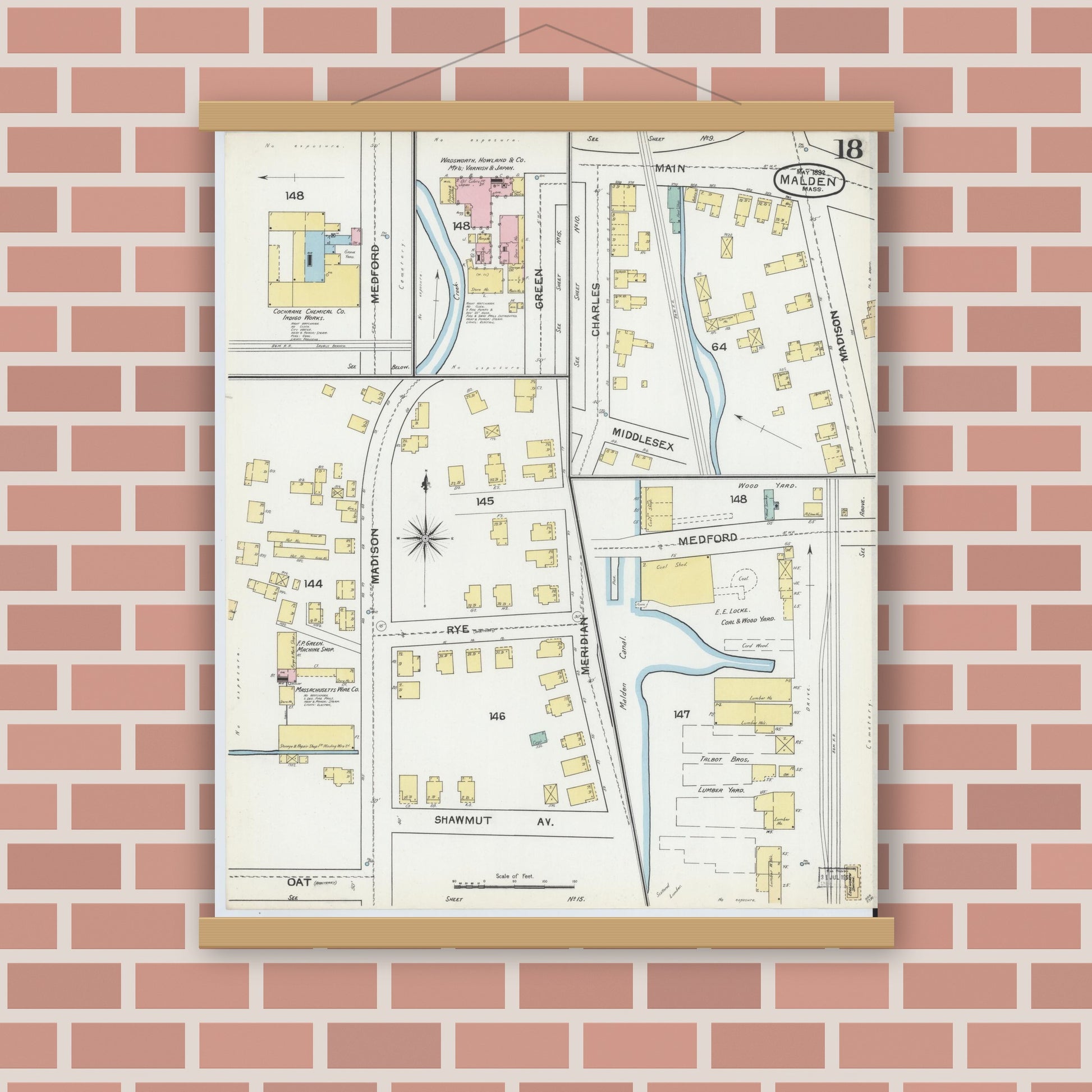 Old map wall art mockup — magnetic wood frame on brick wall — Sanborn Fire Insurance Map from Malden, Middlesex County, Massachusetts (1892), Sheet #0018
