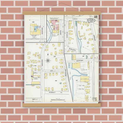 Old map wall art mockup — magnetic wood frame on brick wall — Sanborn Fire Insurance Map from Malden, Middlesex County, Massachusetts (1892), Sheet #0018