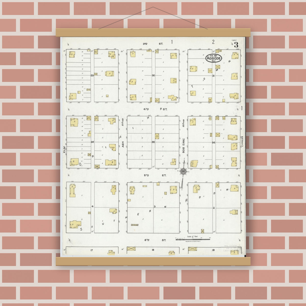 Old map wall art mockup — magnetic wood frame on brick wall — Sanborn Fire Insurance Map from Roscoe, Nolan County, Texas (1921), Sheet #0003