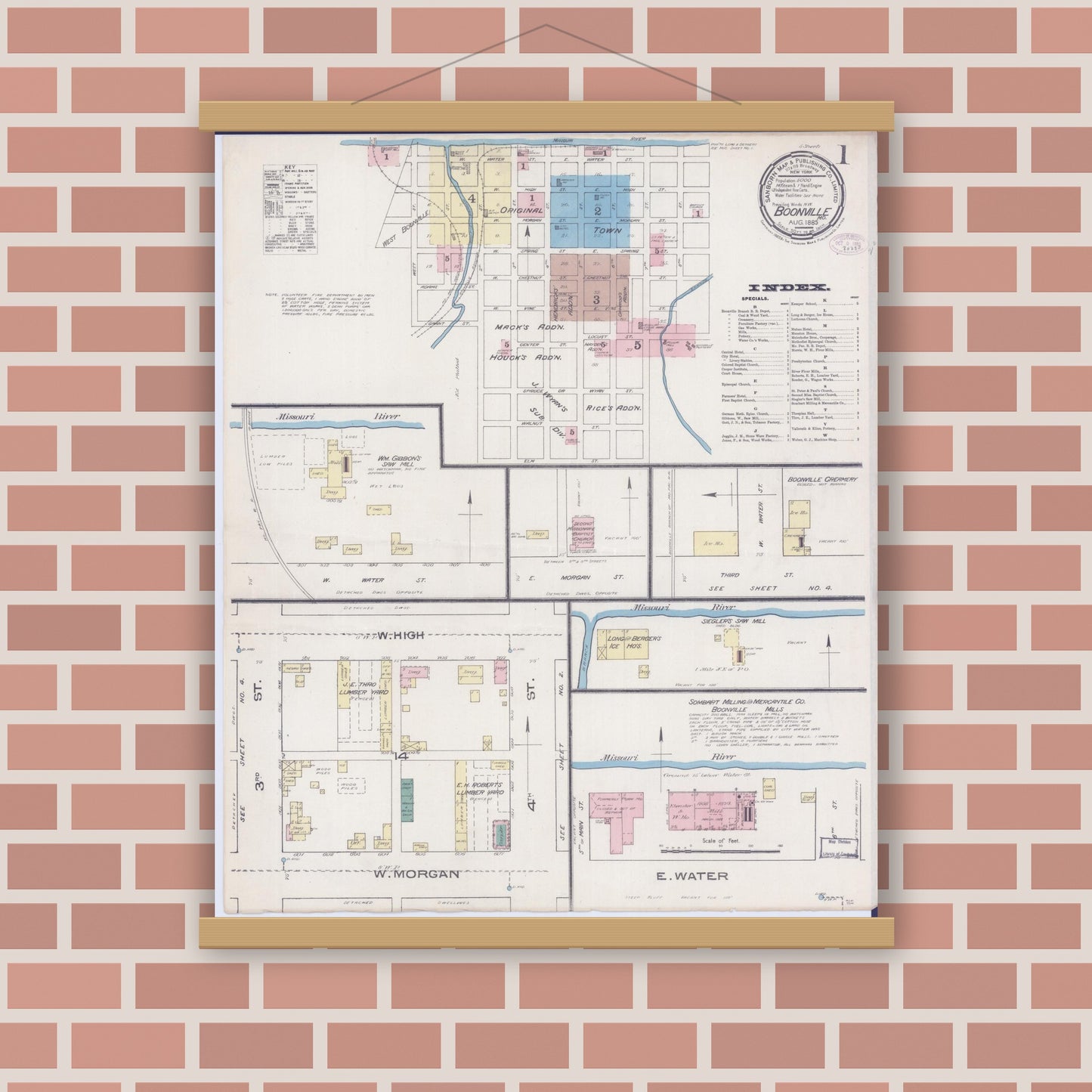 Old map wall art mockup — magnetic wood frame on brick wall — Sanborn Fire Insurance Map from Boonville, Cooper County, Missouri (1885) - Complete Map Set